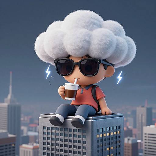 CGI cartoon of a chibi-style boy with a large white cloud hair, black sunglasses, red shirt, sipping coffee, sitting on a skys