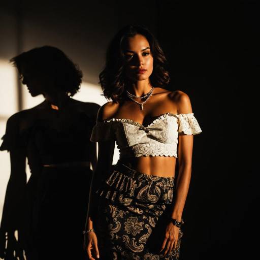 Elegant Woman in Ivory Lace Top and Paisley Skirt