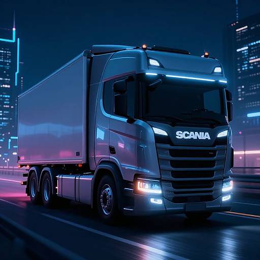 Neon-lit photograph of a sleek, modern Scania semi-truck with glowing blue lights, driving at night through a cityscape with illuminated skys