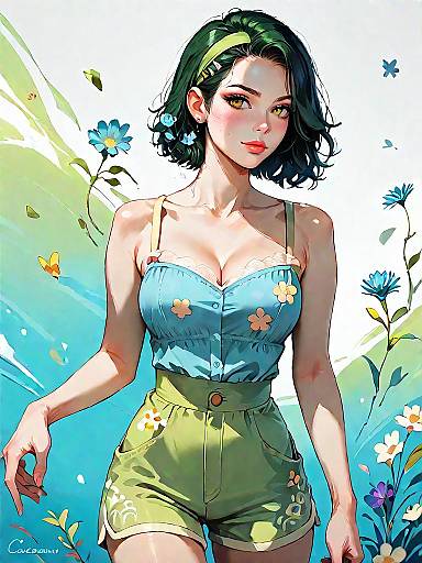 Young Woman in Summer Romper with Floral Print