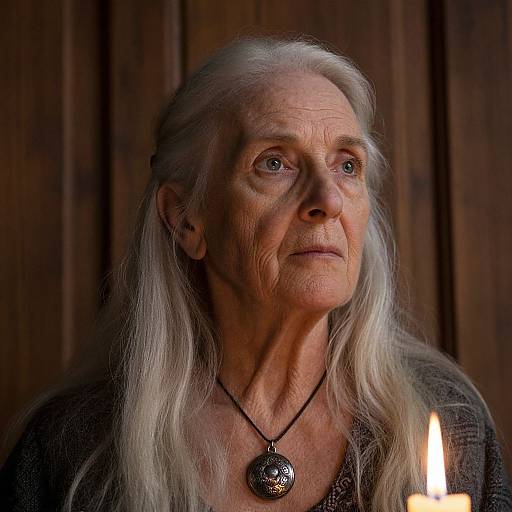 Photograph of an elderly woman with long, white hair, wrinkled skin, wearing a dark top and circular necklace, lit by a candle, against