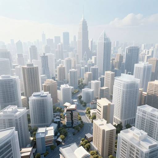 Photorealistic CGI of a modern cityscape with tall, sleek skyscrapers, bright blue sky, and scattered green trees in the foreground.