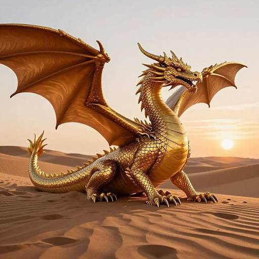Golden dragon with large wings and sharp claws resting on sand dunes at sunset, detailed CGI artwork, realistic textures.