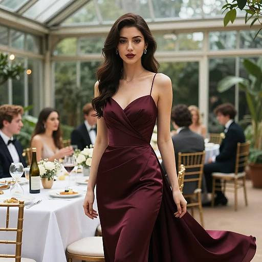 Photograph of a beautiful brunette woman in a deep maroon satin gown, walking in a glass conservatory with elegantly dressed guests at a formal dinner