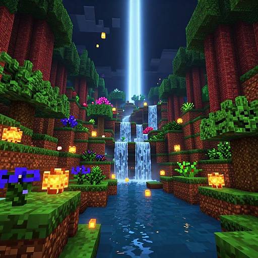 Minecraft-Inspired Lush Landscape at Night