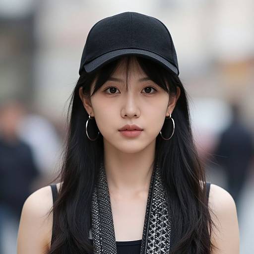Photograph of an Asian woman with long black hair, wearing a black cap, hoop earrings, black tank top, and a patterned scarf, standing