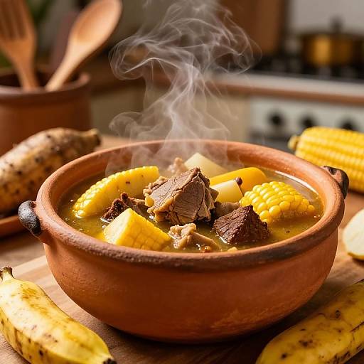 Photograph of a clay bowl filled with steaming stew, featuring chunks of meat, yellow corn, and surrounded by bananas on a wooden surface.