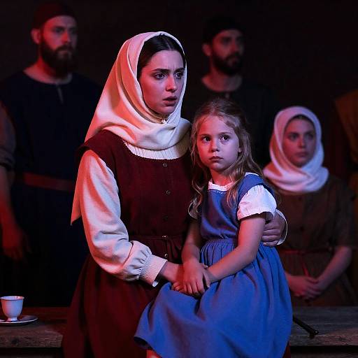 Medieval Gathering with Anxious Woman and Girl