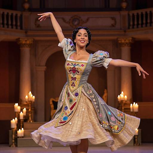 Photograph of a smiling woman in a colorful, embroidered, medieval-style dress, dancing in a dimly lit, candle-lit hall.