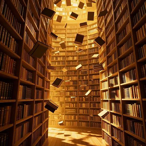 Photograph of a golden-lit library with floating books between towering wooden bookshelves, creating a magical, ethereal atmosphere.