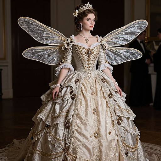 Photograph of a fair-skinned woman in an elaborate, cream-colored, Victorian-style gown with intricate gold embroidery and transparent, silver-embroidered