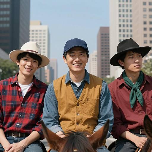Three Men Smiling in Urban Landscape