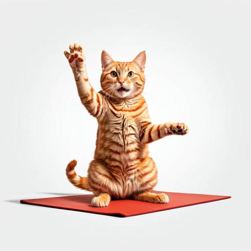 Cheerful Orange Tabby Cat Waving Paw on Yoga Mat