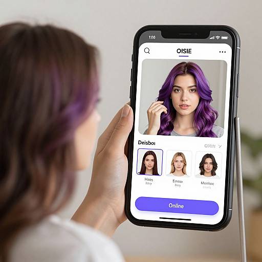 Photograph of a person with purple hair on a phone screen, viewed by another person with dark hair, selecting 