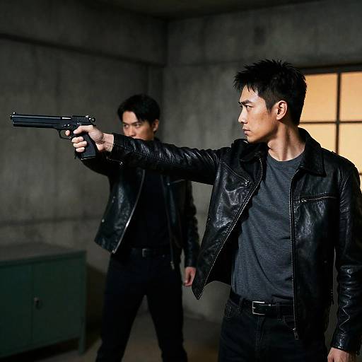 Tense Encounter in Dimly Lit Room