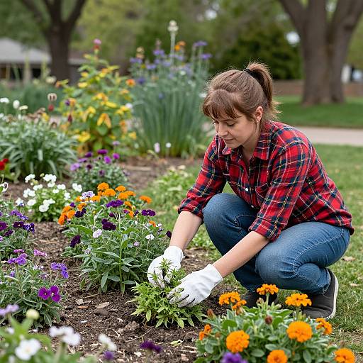 Photograph of a brown-haired woman in a red plaid shirt and gloves, kneeling in a vibrant flower garden, tending to colorful marigolds