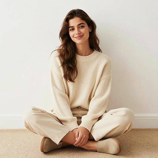 Photograph of a smiling young woman with long dark hair, wearing a white knit sweater, white pants, and beige shoes, sitting cross-legged on a