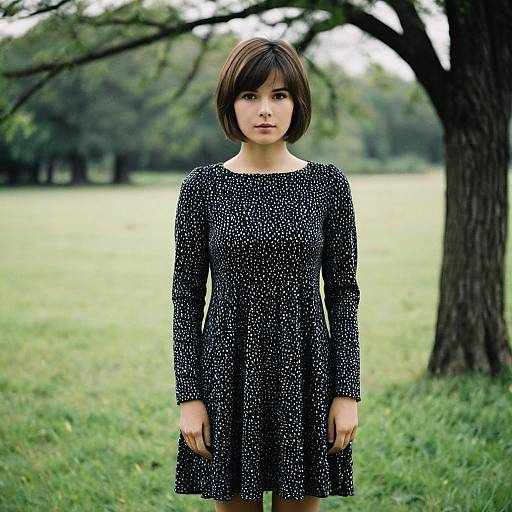 Young Woman in Black Spotted Dress Outdoors