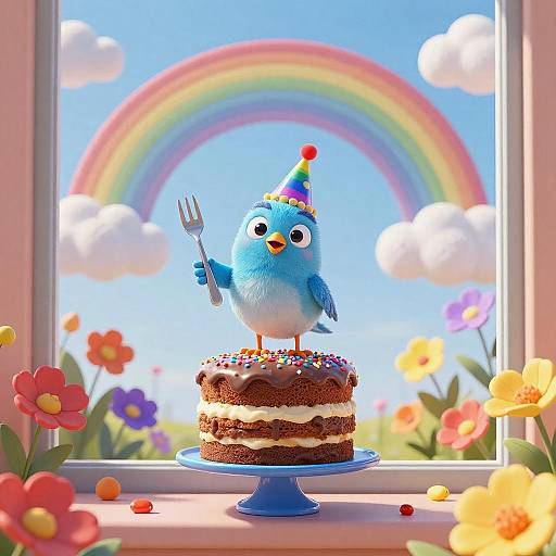 Blue Bird Birthday Cake on Windowsill