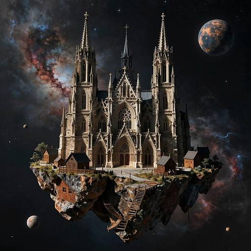 Gothic Cathedral on Floating Asteroid