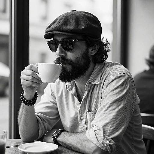 Black and white photograph of a bearded man with glasses, wearing a flat cap and striped shirt, sipping from a white cup in a café.