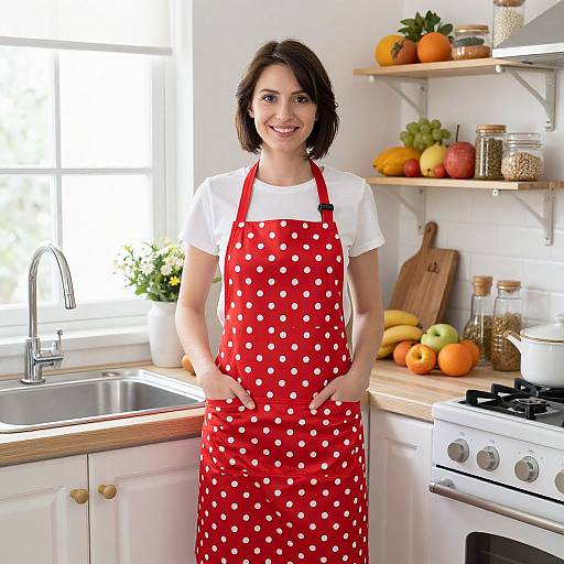 Photograph of a smiling woman with short dark hair, wearing a red polka dot apron over a white t-shirt, standing in a bright,