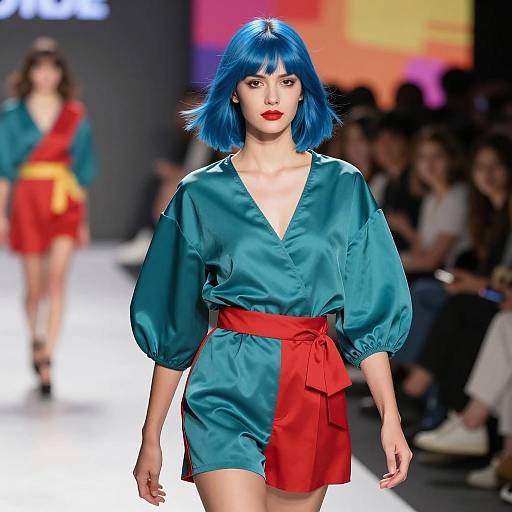 Model with Blue Hair in Teal and Red Satin Outfit on Runway