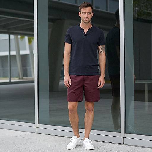 Photograph of a muscular, bearded man with short brown hair, wearing a black polo, maroon shorts, and white sneakers, standing in front