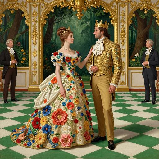 Photorealistic CGI of a regal couple in ornate, colorful floral gowns and gold suits, with crowns, in an opulent,