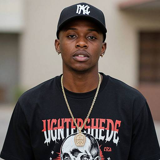 Photograph of a young Black man with dark skin wearing a black 