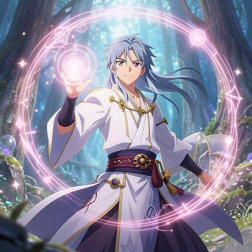 Digital anime artwork of a blue-haired mage casting a glowing spell in a magical forest, wearing a white and black robe with gold accents.