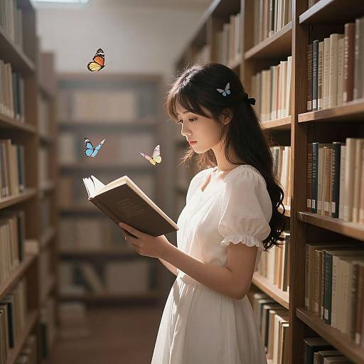 Photograph-style digital art of a young Asian woman with long black hair, wearing a white dress, reading in a sunlit library, with butterflies flutter