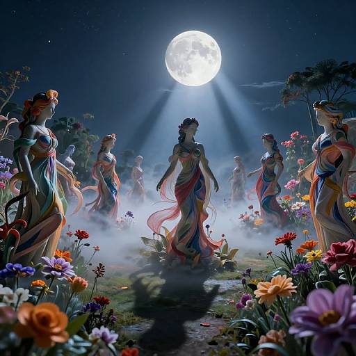 Digital fantasy artwork of ethereal female statues in colorful, flowing dresses dancing under a full moon, surrounded by vibrant flowers and mist.