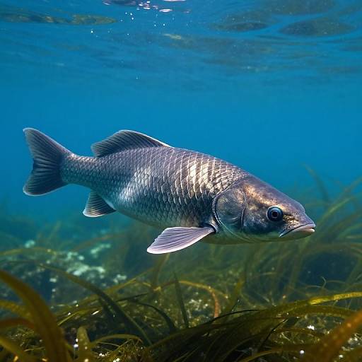 Photograph of a silver fish with dark, speckled scales swimming underwater, surrounded by blue water and green seaweed.