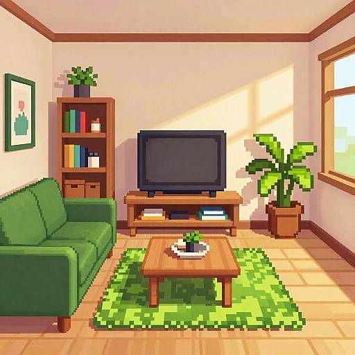 Pixel art of a bright living room with a green sofa, wooden TV stand, green rug, potted plant, bookshelf, and window.