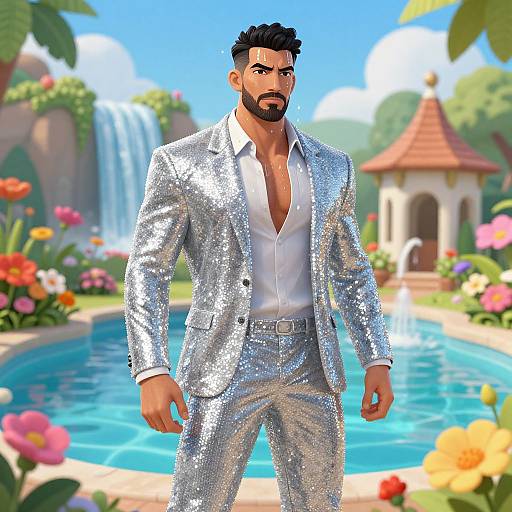 Digital illustration of a handsome, bearded man in a sparkling silver suit, standing confidently by a colorful garden pool with a waterfall and gazebo in the
