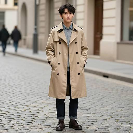 Boy in Trench Coat on Street