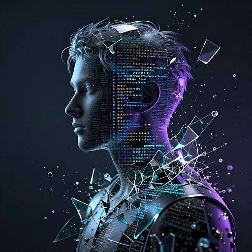 Digital artwork of a silhouetted male profile with glowing blue and purple geometric patterns and code lines on a dark background.