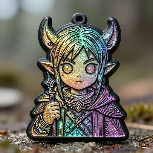 Colorful, glowing, horned fantasy elf figure with wide eyes, holding staff, in vibrant iridescent hues, set on a forest floor.