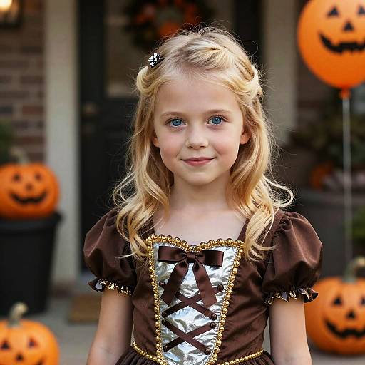 Blond Girl in Halloween Costume with Pumpkins