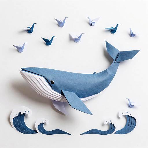 Origami Whale with Paper Cranes and Waves