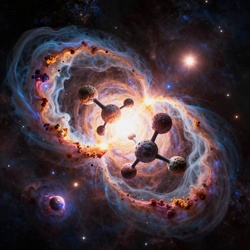 Photorealistic digital art of a swirling galaxy with vibrant blue, orange, and white gas clouds, multiple dark planets, and a bright central star.
