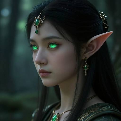 Digital art of an elf woman with glowing green eyes, long black hair, pointed ears, adorned with green jewels, in a dark forest.