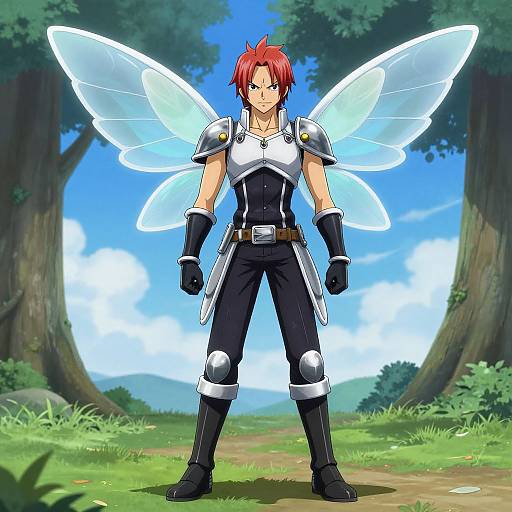 Digital anime-style illustration of a red-haired, muscular fairy warrior with glowing wings, black and white armor, standing in a sunny forest.