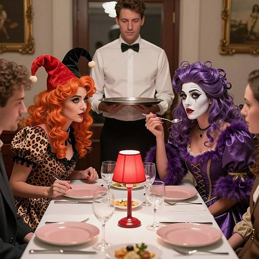 Vibrant Dinner Party with Dramatic Costumes