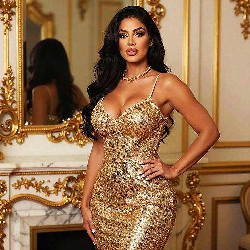 Photograph of a curvy woman with long black hair in a shimmering gold sequin dress, standing confidently in an ornate, gold-framed