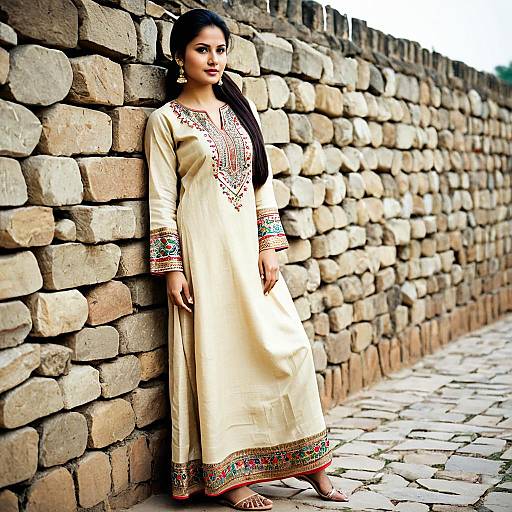 Young Woman in Traditional Beige Salwar Kameez