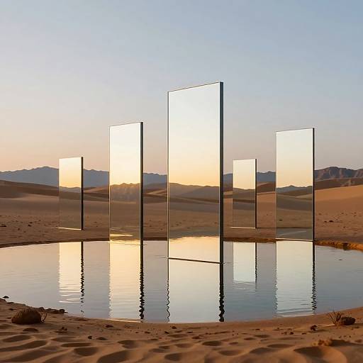 Photograph of five tall, rectangular, illuminated glass panels standing in a desert landscape with a reflective water puddle, mountain range in the background at sunset