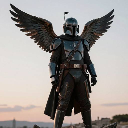Photograph of a knight in black armor with dark feathered wings, standing against a sunset sky, wearing a helmet and cloak.