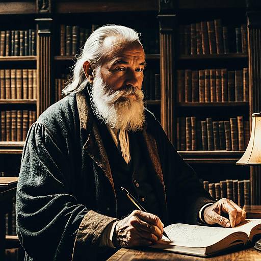 Elderly Man Writing in Vintage Library